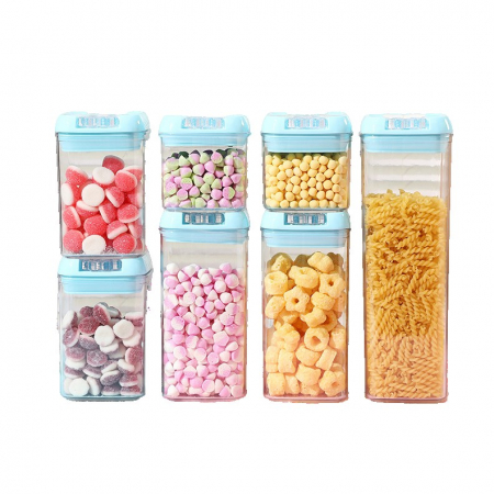 Pentru Casa si Camping - Set 7 Cutii de Depozitare Alimente, Flippy, 2 x 500ml, 2 x 800ml, 2 x 1200ml, 1 x 1900 ml, Capac Albastru, din PP+PET, Inchidere Ermetica, Transparent