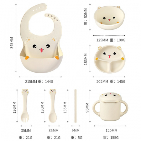 Jucarii, Copii & Bebe - Set 7 Piese Hranire Bebelusi si Copii, Flippy, din Silicon, fara BPA, de la 12 Luni, Model Pisicuta, 30 x 25 x 6 cm, Bej