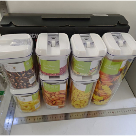 Set 7 Recipiente din Plastic, Flippy, pentru Alimente/Obiecte, Inchidere Ermetica, 2 x 0.5l, 2 x 0.8l, 2 x 1.2l, 1 x 1.9 l, Capac Alb, Transparent [7]