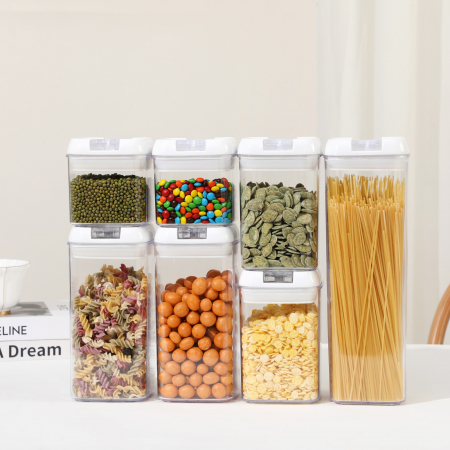 Set 7 Recipiente din Plastic, Flippy, pentru Alimente/Obiecte, Inchidere Ermetica, 2 x 0.5l, 2 x 0.8l, 2 x 1.2l, 1 x 1.9 l, Capac Alb, Transparent [1]