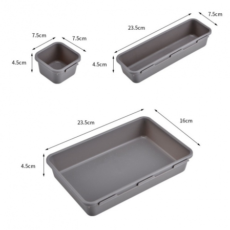 Set 8 cutii depozitare, pentru sertar, cosmetice, ustensile bucatarie, textile, plastic, gri, Flippy, 23.5 x 16 cm [6]