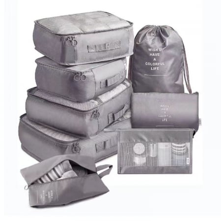 Set 8 huse organizare bagaj Flippy, material poliester, impermeabil, cu fermoar, pentru calatorii sau dulap, sac pentru pantofi inclus, pliabil, gri [0]