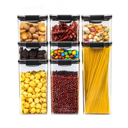 Bucatarie si electrocasnice - Set 8 Recipiente din Plastic, Flippy, pentru Alimente/Obiecte, Inchidere Ermetica, 2 x 460 ml, 3 x 700 ml, 2 x 1300 ml, 1 x 1800 ml, Transparent