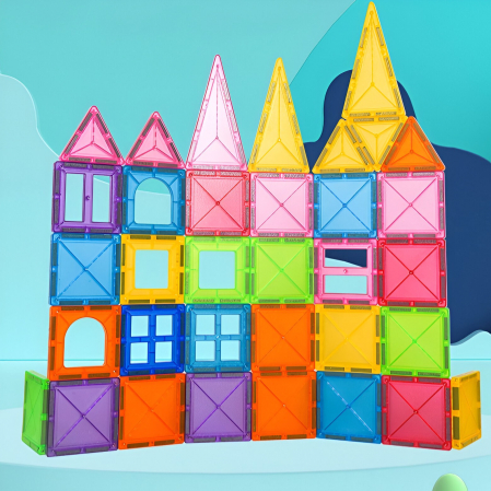 Set 88 Piese Magnetice de Constructie, Flippy, Piese 5.5 cm, Magnetic Tiles, Forme Geometrice, 3 Ani, ABS, Magnet, 27.5 x 21.5 x 17 cm, Multicolor [5]