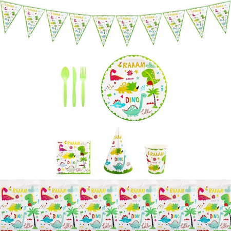 Articole petrecere - Set 9 Accesorii de Masa, Flippy, Colectia Dino Park, 82 Piese, din Carton/Plastic/Hartie, Multicolor