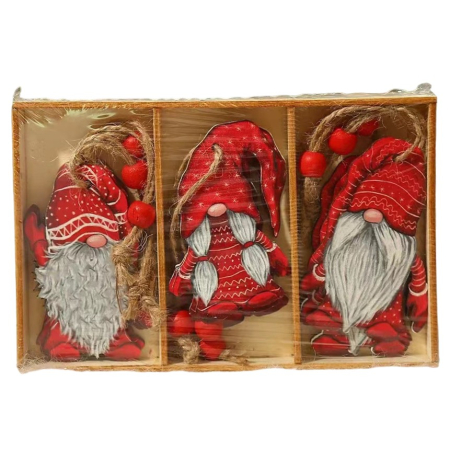 Casă și camping - Set 9 Decoratiuni de Craciun din Lemn, Flippy, cu Snur pentru Agatare in Brad, Model Mos Craciun Diferite Dimensiuni, 3 Modele, Rosu