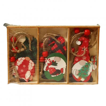 Pentru Casa si Camping - Set 9 Decoratiuni de Craciun din Lemn, Flippy, cu Snur pentru Agatare in Brad, Model Mos Craciun Pitic Diferite Dimensiuni, 3 Modele, Multicolor