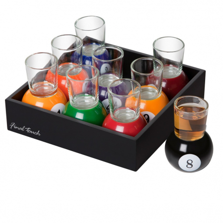 Pentru Casa si Camping - Set 9 pahare de shot Flippy, cu suport tip bila de biliard, detasabil, 30 ml, din sticla, 17 x 17 x 10 cm, multicolor