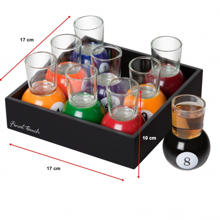 Set 9 pahare de shot Flippy, cu suport tip bila de biliard, detasabil, 30 ml, din sticla, 17 x 17 x 10 cm, multicolor [1]