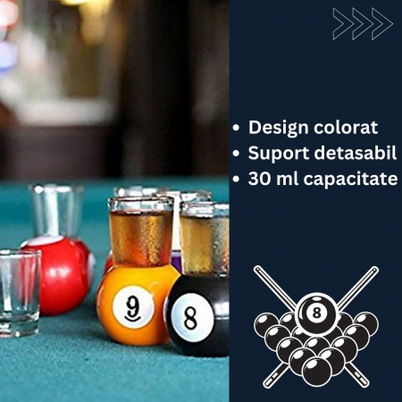 Set 9 pahare de shot Flippy, cu suport tip bila de biliard, detasabil, 30 ml, din sticla, 17 x 17 x 10 cm, multicolor [2]