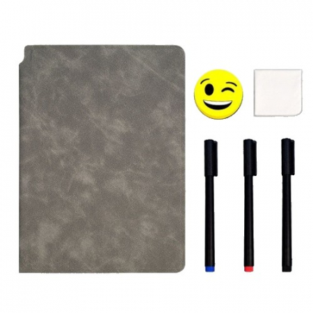 Articole si accesorii birou - Set Agenda A5 Reutilizabila cu Pagini Tip Tabla, Agenda Pagini Albe cu Stergere Uscata, 3 Markere, 1 Burete și 1 Laveta de sters, Portabila, 24 x 16.5 cm, Coperta Piele, Maro