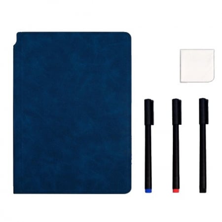 Articole si accesorii birou - Set Agenda A5 Reutilizabila cu Pagini Tip Tabla, Agenda Pagini Albe cu Stergere Uscata, 3 Markere, 1 Burete și 1 Laveta de sters, Portabila, 24 x 16.5 cm, Coperta Piele, Albastru