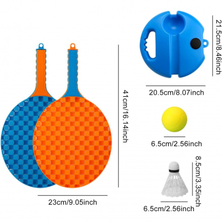 Set Badminton pentru Copii, Flippy, Doua Palete, Fluturas, 2 Mingi, Minge cu Elastic pentru Antrenament, Suport de Prindere Stabil, 41x23 cm, Albastru Portocaliu [4]