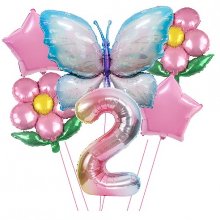Articole petrecere - Set baloane aniversare cu numere 6 piese, 2 flori, 2 stelute, 1 fluture, Roz, Cifra 2