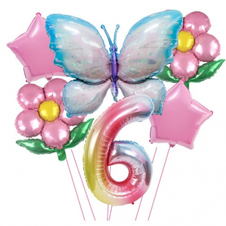 Articole petrecere - Set baloane aniversare cu numere 6 piese, 2 flori, 2 stelute, 1 fluture, Roz, Cifra 6