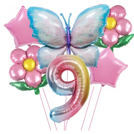 Articole petrecere - Set baloane aniversare cu numere 6 piese, 2 flori, 2 stelute, 1 fluture, Roz, Cifra 9