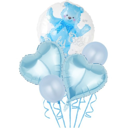 Sub 99 Lei - Set Baloane Aniversare, Flippy, set din 5 bucati, 1 bucata urs, 2 inimi folie, 2 simple din latex Baby Boy, 60 cm Albastru