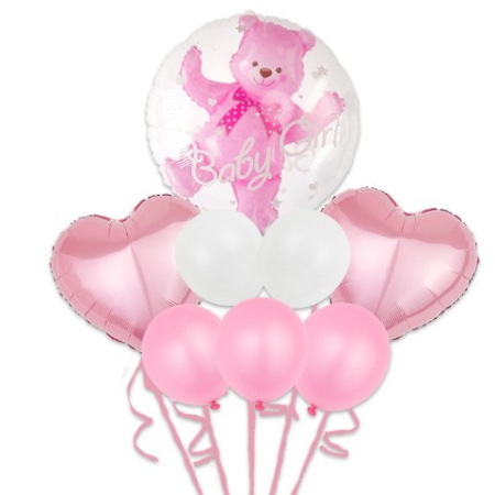 Sub 99 Lei - Set Baloane Aniversare, Flippy, set din 8 bucati, 1 bucata urs, 2 inimi folie,5 simple din latex Baby Girl, 60 cm Roz