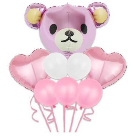 Sub 99 Lei - Set Baloane Aniversare, Flippy, set din 8 bucati, 1 bucata urs mare, 2 inimi folie,5 simple din latex Baby Girl, 60 cm Roz