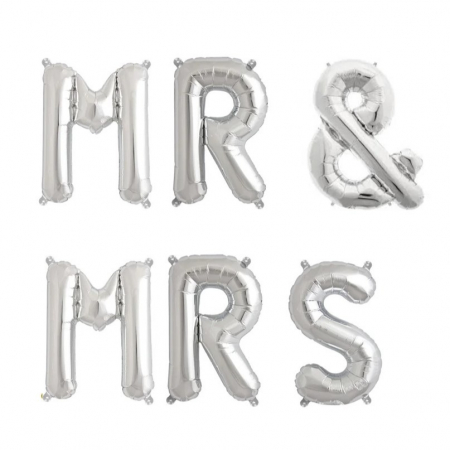 Articole petrecere - Set Baloane din Folie Metalizata, Flippy, Figurine Litere, Model MR&amp;MRS, Tema Nunta, 40 cm, Baloane Party, Ambalaj Individual, Pai inclus, Umflare cu Aer sau Heliu, Argintiu