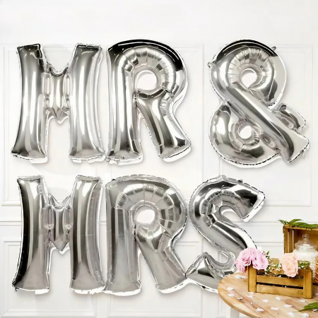 Set Baloane din Folie Metalizata, Flippy, Figurine Litere, Model MR&amp;MRS, Tema Nunta, 40 cm, Baloane Party, Ambalaj Individual, Pai inclus, Umflare cu Aer sau Heliu, Argintiu [1]