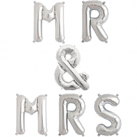 Set Baloane din Folie Metalizata, Flippy, Figurine Litere, Model MR&amp;MRS, Tema Nunta, 40 cm, Baloane Party, Ambalaj Individual, Pai inclus, Umflare cu Aer sau Heliu, Argintiu [2]