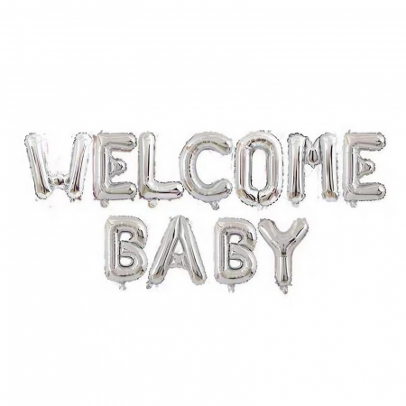 Sub 99 Lei - Set Baloane din Folie Metalizata, Flippy, Figurine Litere, Model Welcome Baby, Tema Aniversare, 40 cm, Ambalaj Individual, Pai inclus, Umflare cu Aer sau Heliu, Argintiu