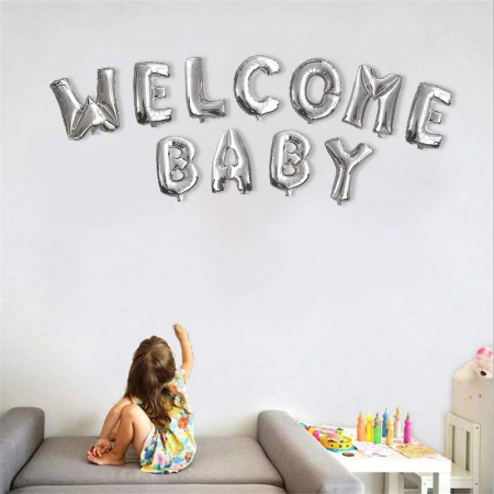 Set Baloane din Folie Metalizata, Flippy, Figurine Litere, Model Welcome Baby, Tema Aniversare, 40 cm, Ambalaj Individual, Pai inclus, Umflare cu Aer sau Heliu, Argintiu [1]