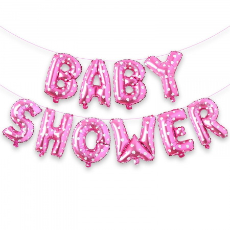 Set Baloane din Folie Metalizata, Flippy, Model Baby Shower, Litere de 40 cm, Baloane Party, Ambalaj Individual, Pai, Ata si Adeziv Incluse, Umflare cu Aer sau Heliu, Roz [1]