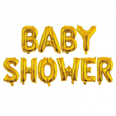 Articole petrecere - Set Baloane din Folie Metalizata, Flippy, Model Baby Shower, Litere de 40 cm, Baloane Party, Ambalaj Individual, Pai, Ata si Adeziv Incluse, Umflare cu Aer sau Heliu, Auriu