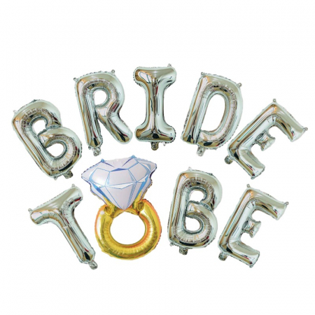 Articole petrecere - Set Baloane din Folie Metalizata, Flippy, Model Bride to Be cu Inel de Logodna, Litere de 40 cm, Baloane Party, Ambalaj Individual, Pai Inclus, Umflare cu Aer sau Heliu, Argintiu