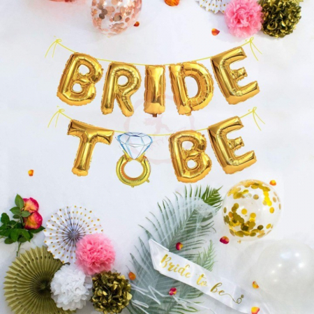 Set Baloane din Folie Metalizata, Flippy, Model Bride to Be cu Inel de Logodna, Litere de 40 cm, Baloane Party, Ambalaj Individual, Pai Inclus, Umflare cu Aer sau Heliu, Auriu [1]