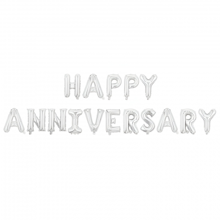 Articole petrecere - Set Baloane din Folie Metalizată, Flippy, Model Happy Anniversary, Litere de 40 cm, Baloane Party, Ambalaj Individual, Pai inclus, Umflare cu Aer sau Heliu, Argintiu
