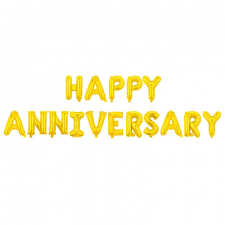Articole petrecere - Set Baloane din Folie Metalizata, Flippy, Model Happy Anniversary, Litere de 40 cm, Baloane Party, Ambalaj Individual, Pai Inclus, Umflare cu Aer sau Heliu, Auriu