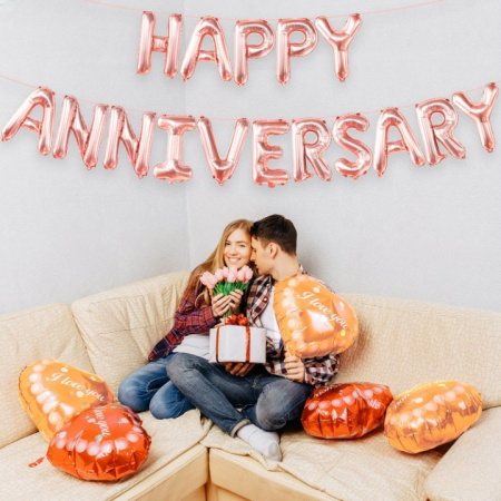 Set Baloane din Folie Metalizata, Flippy, Model Happy Anniversary, Litere de 40 cm, Baloane Party, Ambalaj Individual, Pai Inclus, Umflare cu Aer sau Heliu, Roz [4]