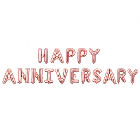 Articole petrecere - Set Baloane din Folie Metalizata, Flippy, Model Happy Anniversary, Litere de 40 cm, Baloane Party, Ambalaj Individual, Pai Inclus, Umflare cu Aer sau Heliu, Roz