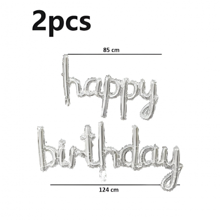 Set Baloane din Folie Metalizată, Flippy, Model Happy Birthday, 45x85 cm, 45x124cm, Baloane Party, Ambalaj Individual, Pai inclus, Umflare cu Aer sau Heliu, Argintiu [4]