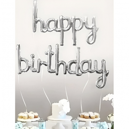 Set Baloane din Folie Metalizată, Flippy, Model Happy Birthday, 45x85 cm, 45x124cm, Baloane Party, Ambalaj Individual, Pai inclus, Umflare cu Aer sau Heliu, Argintiu [1]