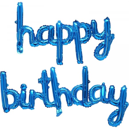 Forme, Scris, Seturi - Set Baloane din Folie Metalizata, Flippy, Model Happy Birthday, 45x85 cm, 45x124cm, Baloane Party, Ambalaj Individual, Pai Inclus, Umflare cu Aer sau Heliu, Albastru