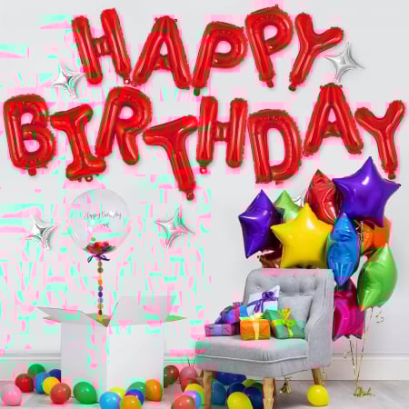 Set Baloane din Folie Metalizata, Flippy, Model Happy Birthday, Litere de 40 cm, Baloane Party, Ambalaj Individual, Pai, Ata si Adeziv Incluse, Umflare cu Aer sau Heliu, Rosu [2]