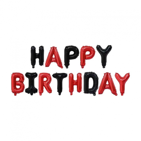 Articole petrecere - Set Baloane din Folie Metalizata, Flippy, Model Happy Birthday, Litere de 40 cm, Baloane Party, Ambalaj Individual, Pai, Ata si Adeziv Incluse, Umflare cu Aer sau Heliu, Rosu-Negru
