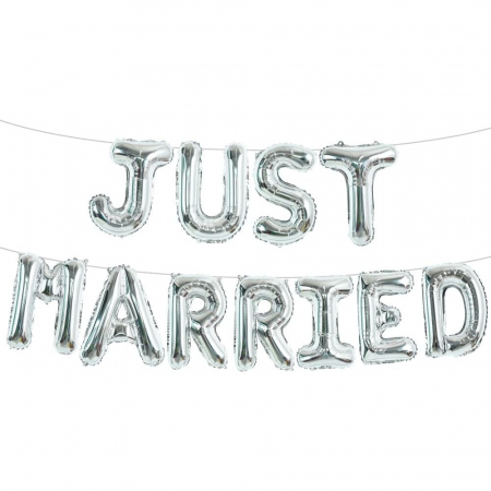 Set Baloane din Folie Metalizata, Flippy, Model Just Married, Litere de 40 cm, Baloane Party, Ambalaj Individual, Pai, Ata si Adeziv Incluse, Umflare cu Aer sau Heliu, Argintiu [7]