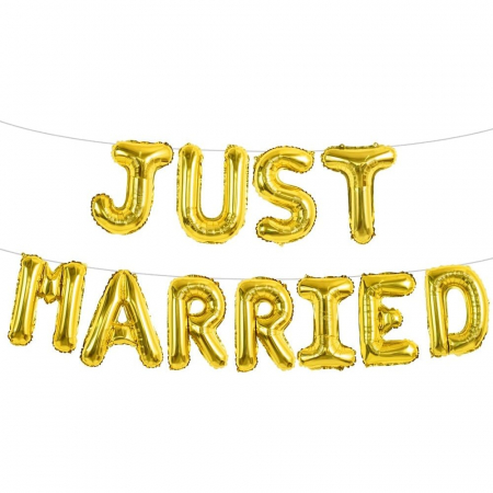 Set Baloane din Folie Metalizata, Flippy, Model Just Married, Litere de 40 cm, Baloane Party, Ambalaj Individual, Pai, Ata si Adeziv Incluse, Umflare cu Aer sau Heliu, Auriu [5]