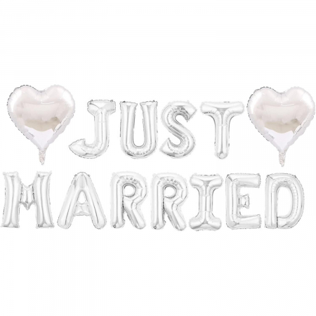 Set Baloane din Folie Metalizata, Flippy, Model Just Married, Litere de 40 cm, Baloane Party, Ambalaj Individual, Pai, Ata si Adeziv Incluse, Umflare cu Aer sau Heliu, Argintiu [8]