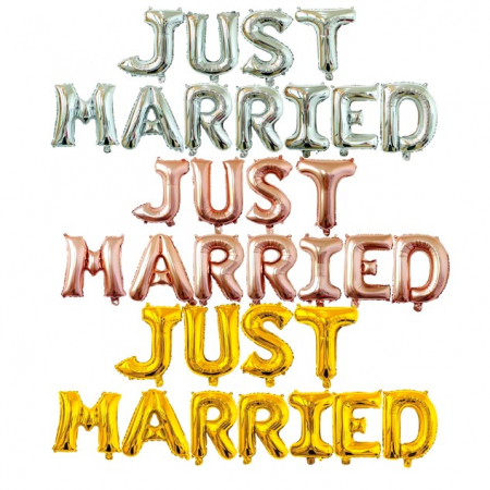 Set Baloane din Folie Metalizata, Flippy, Model Just Married, Litere de 40 cm, Baloane Party, Ambalaj Individual, Pai, Ata si Adeziv Incluse, Umflare cu Aer sau Heliu, Auriu [6]