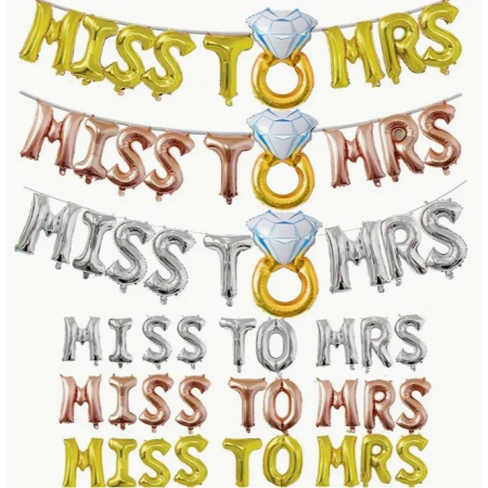 Set Baloane din Folie Metalizata, Flippy, Model Miss to Mrs cu Inel de Logodna, Litere de 40 cm, Tema Iubire, Baloane Party, Ambalaj Individual, Pai Inclus, Umflare cu Aer sau Heliu, Argintiu [1]