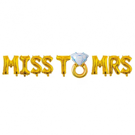 Set Baloane din Folie Metalizata, Flippy, Model Miss to Mrs cu Inel de Logodna, Litere de 40 cm, Tema Iubire, Baloane Party, Ambalaj Individual, Pai Inclus, Umflare cu Aer sau Heliu, Auriu [5]
