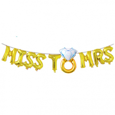 Set Baloane din Folie Metalizata, Flippy, Model Miss to Mrs cu Inel de Logodna, Litere de 40 cm, Tema Iubire, Baloane Party, Ambalaj Individual, Pai Inclus, Umflare cu Aer sau Heliu, Auriu [4]