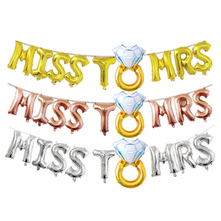 Set Baloane din Folie Metalizata, Flippy, Model Miss to Mrs cu Inel de Logodna, Litere de 40 cm, Tema Iubire, Baloane Party, Ambalaj Individual, Pai Inclus, Umflare cu Aer sau Heliu, Argintiu [2]