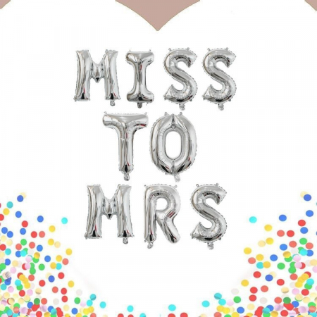 Set Baloane din Folie Metalizata, Flippy, Model Scris Miss to Mrs, Litere de 40 cm, Tema Iubire, Baloane Party, Ambalaj Individual, Pai Inclus, Umflare cu Aer sau Heliu, Argintiu [1]